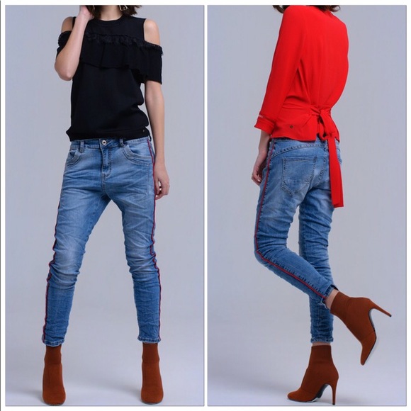🆕Medium Blue High-Waist Straight-Leg  Skinny Boyfriend Jeans With Red Piping - Picture 5 of 5